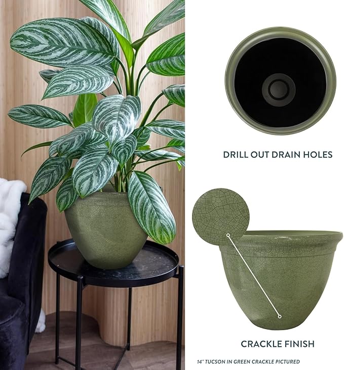 The HC Companies 20 Inch Tucson Round Planter Pots with Ceramic Look, Lightweight UV-Resistant Resin Indoor & Outdoor Planters, 1-Pack Flower Pots for Garden & Home Decor, Green Crackle