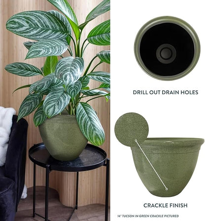 The HC Companies 20 Inch Tucson Round Planter Pots with Ceramic Look, Lightweight UV-Resistant Resin Indoor & Outdoor Planters, 1-Pack Flower Pots for Garden & Home Decor, Green Crackle