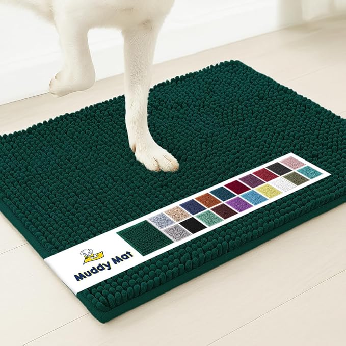 Muddy Mat® | Super Water Absorbent Door Mat Indoor, Microfiber Quick Dry Chenille Entryway Rug, Slip Resistant Front Door Mat, Indoor Mats for Entryway, Machine Washable Pet Rug, Dark Green 16"x24"