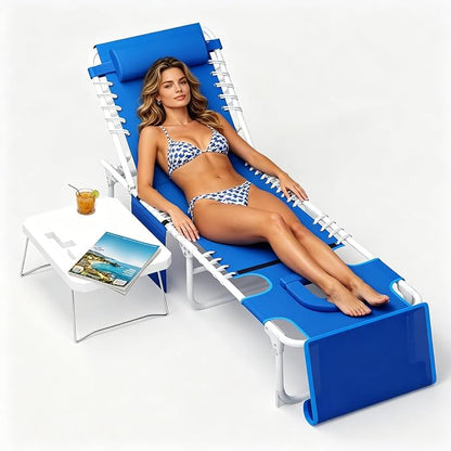 5-Position Adjustable Folding Beach Chaise Lounge Chair with Face Hole & Detachable Side Table, Portable Reclining Sun Tanning Lounger, Pool Chair with Storage Pocket & Shoulder Carry Strap, Max 330L