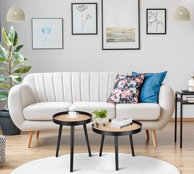 Rattan Round Side Table, Black Small End Table, Accent Table, Modern Boho Bedside Table, Mid-Century Patio Side Table, End Tables for Living Room Bedroom Office Balcony