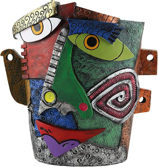 Picasso-Inspired Abstract Face Flower Pot | Unique Head Planter with Drainage Hole | Vibrant Colors & Quirky Art Decor (Frowning Expression)