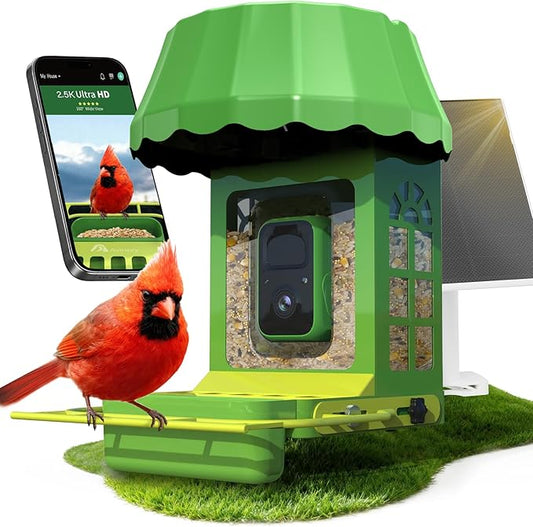 Avinory Smart Bird Feeder with Camera 2.5K HD, Solar Powered AI Bird Identifier 10000+ Species, 32GB Card, Wireless,with Night Vison,Metal Squirrel Proof for Outdoor Birds Watching Gift