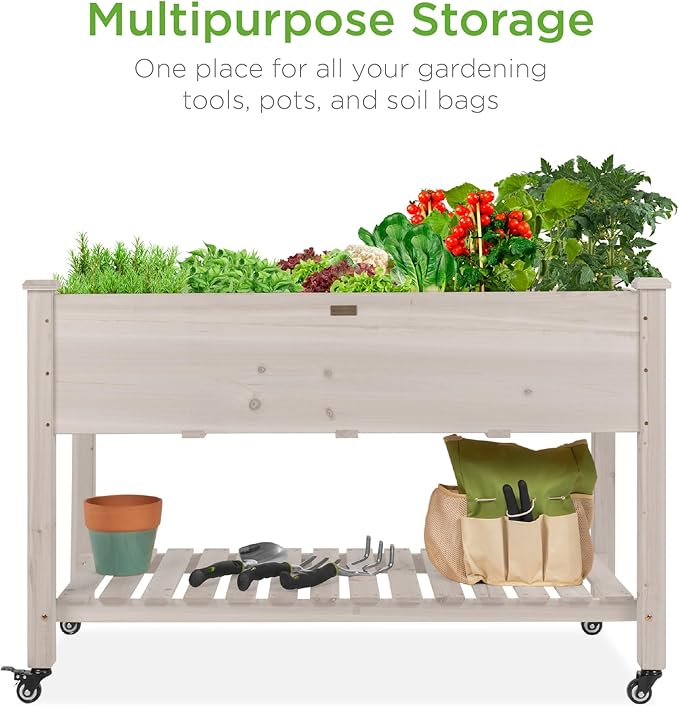 Best Choice Products Raised Garden Bed 48x24x32-inch Mobile Elevated Wood Planter w/Lockable Wheels, Storage Shelf, Protective Liner - White