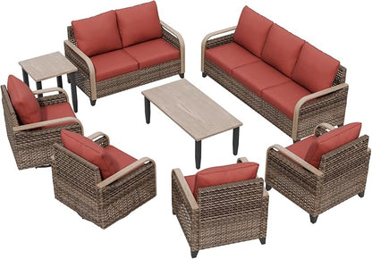 Modern Wicker Patio Furniture Set, Rattan Outdoor Conversation Set， 2 Patio Chairs, 2 Swivel Rocking Chairs, 3 Seat Couch, Loveseat, Coffee Table and Side Table, 8 Pieces, Brown/Red