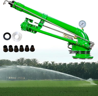 2-inch farm irrigation nozzle with pressure gauge, 360 ° rotating large area water spray, 3-8 bar working pressure, flange connection, suitable for farmland, tea，gardens, parks, construction sites...