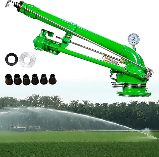 2-inch farm irrigation nozzle with pressure gauge, 360 ° rotating large area water spray, 3-8 bar working pressure, flange connection, suitable for farmland, tea，gardens, parks, construction sites...