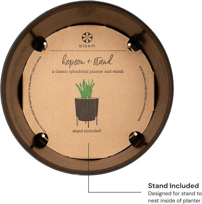 Bloem Hopson Decorative Resin Cachepot with Metal Stand, 14" Indoor and Outdoor Planter with Gold Metal Stand, Black