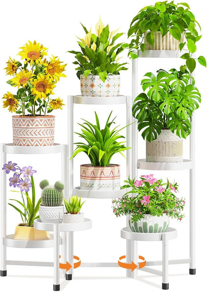LASZOLA 8 Tiered Folding Tall Plant Stand Indoor for Multiple Large Planter, Heavy Duty Metal Adjustable Flower Rack for Narrow Corner, Sturdy Vertical Spiral Shelving Holder for Modern House, White