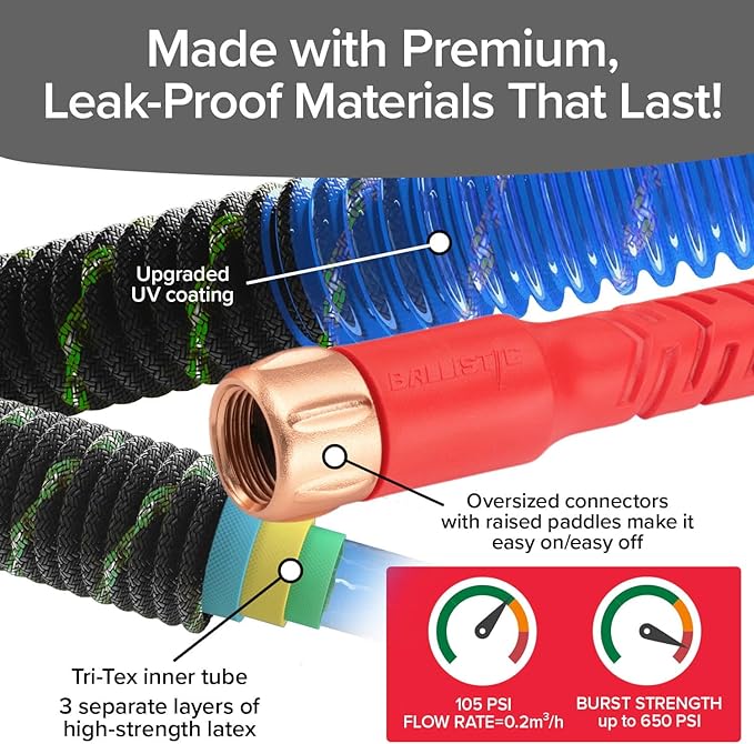 Pocket Hose Ballistic Double UV Edition 25 FT Expandable Garden Hose w/Pocket Pivot Swivel Connector, Anti-Burst Sleeve Reinforced w/Bulletproof Fiber, Lightweight, No-Kink, Compact, AS SEEN ON TV