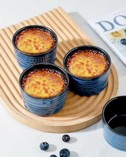 Hasense Ramekins 8 oz Oven Safe for Creme Brulee, Ceramic Souffle Dish Oven Safe Set of 6,Porcelain Dipping Sauce Bowls for Pudding, Creme Brulee, Souffle, Serving Dip, Custard, Ice Cream(Blue)