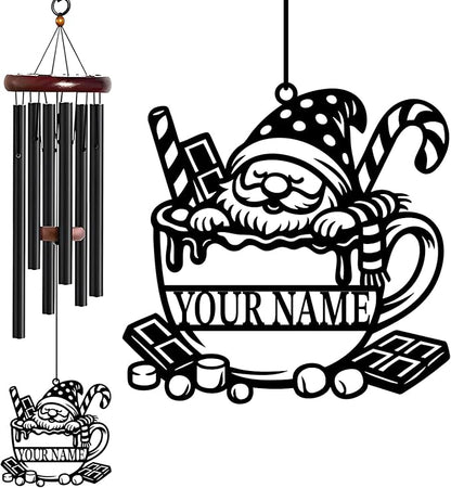 Personalized Customize Name Gnome Wind Chime, Metal Iron 37 Inch Outdoor Memorial Gift for Garden Yard Patio Home Decor, Black，Christmas (Style D)