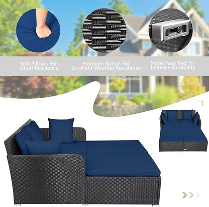 COSTWAY Outdoor Patio Rattan Daybed, Sponge Cushioned Loveseat Sofa with 4 Pillows, Wicker Furniture Sunbed for Balcony, Courtyard (Navy Blue)