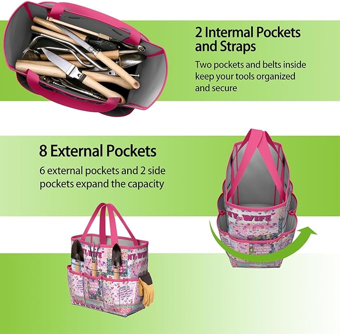 Boho Garden Tool Bag - Waterproof Floral Garden Tote with 8 Pockets, Large Storage Home Organizer Gardening Tool Oxford Bag for Garden Tools Kits Holder, Ideal Outdoor Gardening Gift for Women & Men