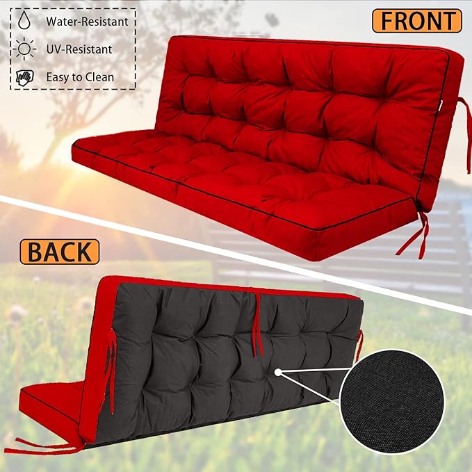 Swing Replacement Seat Cushions, 2-3 Seater Bench Cushions for Outdoor Furnitur with Backrest, Garden Recliner Seat Cushions Waterproof Sofa Pads (Red, 63x40in)