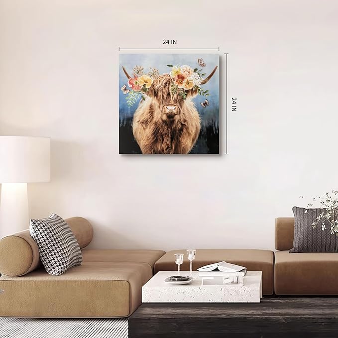 Hand-Painted Highland Cow Canvas Wall Art, Lovely Cow With Flower Wall Art, Farmhouse Animal Print Home Decor, 3D Mural Painting, Ready to Hang Bedroom Living Room Kitchen Bathroom Office, 24"X24"