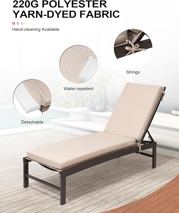 Crestlive Products Chaise Lounge Chair with Cushion,Outdoor 5 Position Recliner, All Weather Furniture for Patio, Beach, Yard, Pool (1PCS Beige)