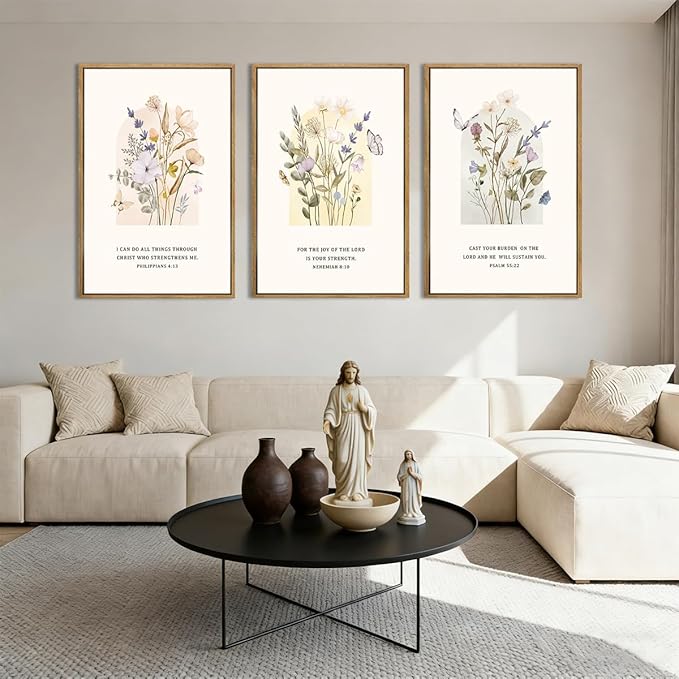 IARTTOP Large Christian Easter Wall Art Framed 16x24 Inch Set of 3 Floral Bible Verse Scripture Artwork Minimalist Botanical Religious Canvas Wall Decor for Church Living room Bedroom