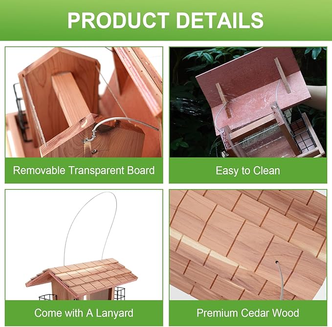 Wooden Bird Feeder for Outdoors Hanging Mount Large Capacity, Red Cedar Garden Roof Feeder with 2 Suet Cages, Cardinal Bluebird Birdfeeder for Garden Decoration Yard, Weatherproof Durable