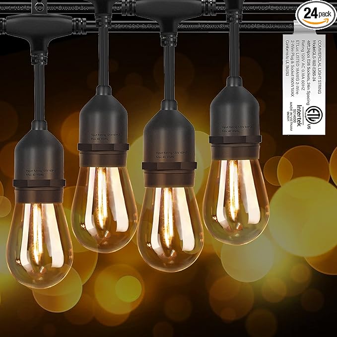𝟒𝟖𝑭𝑻 LED Outdoor String Lights with 𝟮𝟰 Weatherproof Shatterproof Edison 𝑳𝑬𝑫 𝑩𝒖𝒍𝒃𝒔(2 𝑺𝒑𝒂𝒓𝒆)，Commercial Grade Waterproof Hanging Lights for Backyard Porch Balcony Party