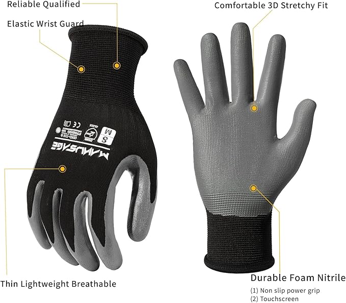 Safety Work Gloves, Nitrile Work Gloves For Men and Women, Work Gloves With Touchscreen Fingers, Work Gloves men, Men's work gloves with grip,mechanics gloves (Size L, Black, 3-pairs)