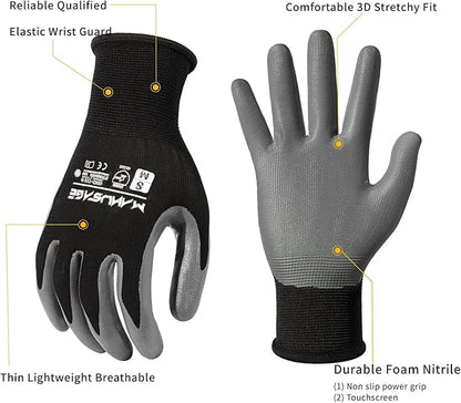 Safety Work Gloves, Nitrile Work Gloves For Men and Women, Work Gloves With Touchscreen Fingers, Work Gloves men, Men's work gloves with grip,mechanics gloves (Size L, Black, 3-pairs)