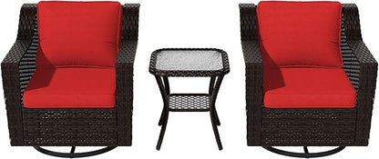 VistaVibe 3 Pieces Outdoor Patio Conversation Furniture Set - 360 Degree Swivel Glider Rocker Chairs | Wicker End Table, Washable Cushions, Hand-Woven PE Rattan, Lawn, Sunroom (Brown/Red)