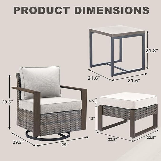 Rilyson Outdoor Wicker Patio Furniture Set - 5 Piece Patio Conversation Set with 2 Wicker Swivel Rocker Chairs,2 Ottoman, 1 Side Table, Thick Cushions, Deep Seating, Wide Armrest(Mixed Grey/Grey)