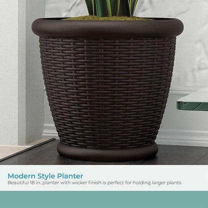 Suncast Wicker Planter w/ Drillable Drain Holes, Decorative Indoor/Outdoor Pot, 18in, Java