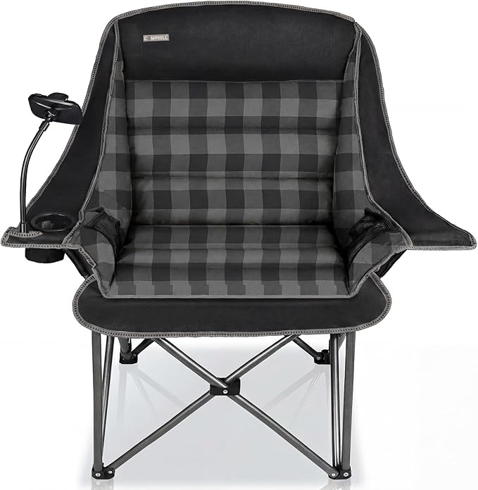 Oversized Camping Chairs for Adults- Heavy Duty Extra Large Lawn Chair,Folding Comfy Padded Camp Chair for Outdoor Sports Garden Beach Fishing,Wide&Thick,Black Plaid
