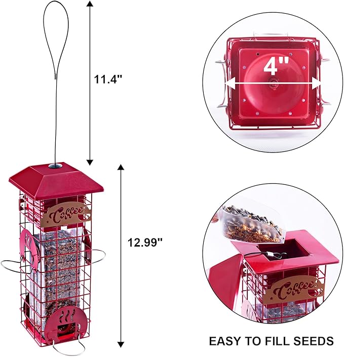 Squirrel Proof Bird Feeders for Outdoors Tube Metal Mesh Hanging Bird Seed Feeder for Outside Pole Weight -Activated & 4 Adajustable Perschs 2.2 lbs Capacity (Red)
