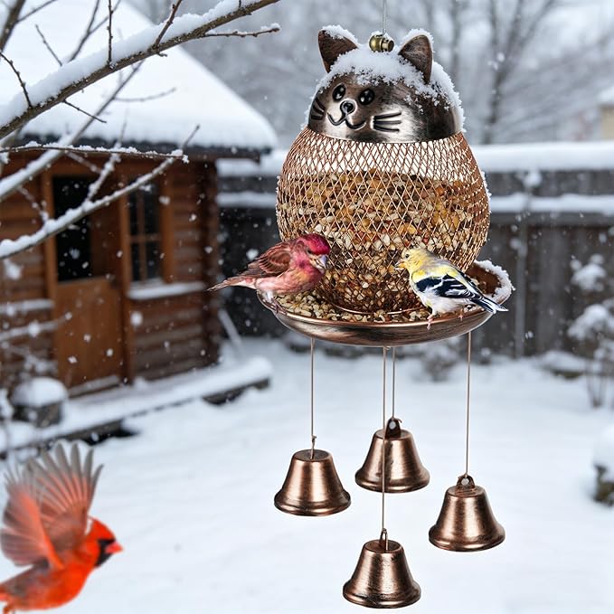 LBTING Bird Feeder for Outside, Cute Cat-Shaped Wind Chimes Bird Feeder, Metal Wild Bird Feeder Decoration for Hanging Outdoor Garden Yard
