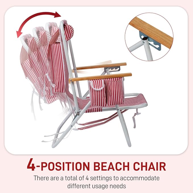Outvita 2 Pack Folding Beach Chair, 4 Position Adjustable Reclining Lounge Chair with Padded Headrest, Large Rear & Side Storage Pockets, Lightweight Portable Outdoor Chair for Beach Pool Garden BBQ
