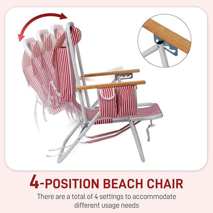 Outvita 2 Pack Folding Beach Chair, 4 Position Adjustable Reclining Lounge Chair with Padded Headrest, Large Rear & Side Storage Pockets, Lightweight Portable Outdoor Chair for Beach Pool Garden BBQ
