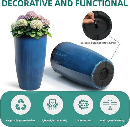 23.75" Round Tall Planters, 2-Pack Large Flower Pots for Indoor Outdoor Plants, UV-Protect PP Container for Garden Patio Yard Balcony Porch or Home Decor, Artistic Floating Cobalt Blue Glaze