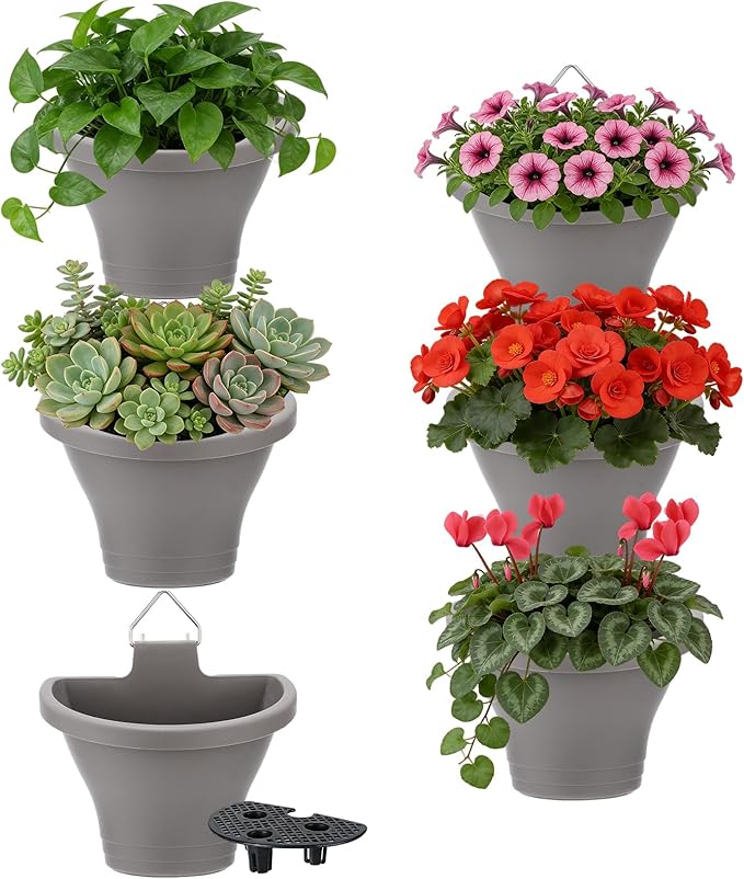 MADHOLLY 6Pcs Vertical Hanging Planters for Outdoor Plants - Wall Plant Holder for Indoor Decorations Garden Fence, Plastic Flower Pots with Drainage Grid and Hooks (Gray)