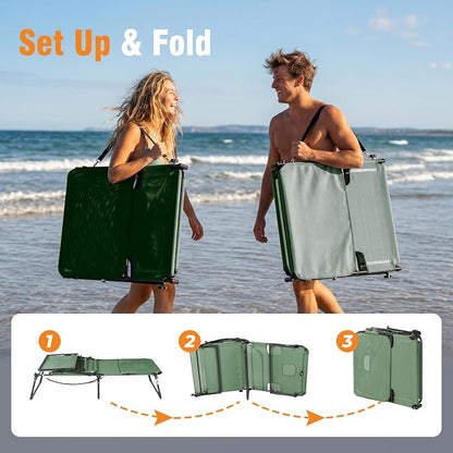 Tanning Chair with Face Hole & Canopy, 28'' Extra Wide, Green | Folding Chaise Lounge Chair with 4-Position Adjustable Backrest for Beach, Pool, Patio & Camping