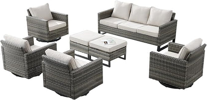 Rilyson Wicker Outdoor Patio Furniture Set - 7 Piece Patio Conversation Set with 4 Swivel Rocker Chairs,2 Rattan Ottoman and 1 Couch for Outside Porch Deck Backyard(Mixed Grey/Beige)