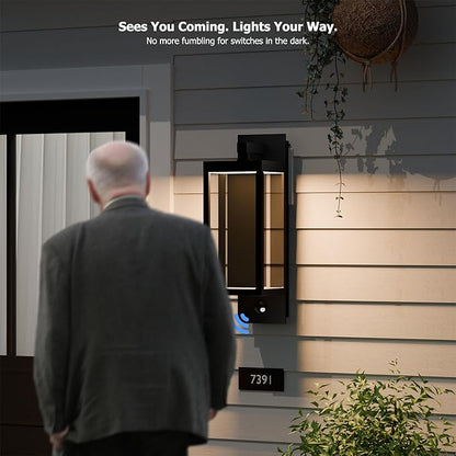 Outdoor Light Wall Sconce Motion Sensor Porch Light for House,15" LED Modern Exterior Lighting Fixture Black,Waterproof Outside Lantern with Clear Glass for Garage Patio Garden,750LM,3000K