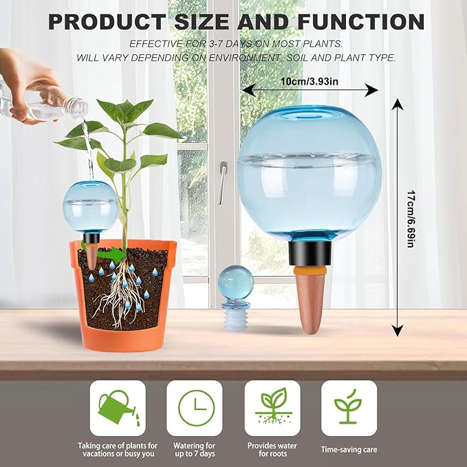 2 Pack Self Watering Globes 17oz Large Plant Watering Globes Top Fill, Self Water Planter Insert Indoor/Outdoor Plastic Water Bulbs Slow Release Terracotta for Plants, Blue