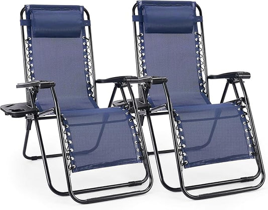 Alpen Folding Lounge Chair Outdoor Set of 2, Lawn Chairs Adjustable & Foldable with Side Table Headrest, Portable Blue Reclining Camping Chair for Outdoor Camping, Blue