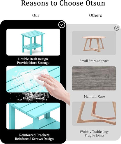 OTSUN Adirondack Outdoor Side Table, 16" HDPE Patio Side Table with Shelf, Weather Resistant Easy Maintenance for Backyard Pool Porch Garden & Lawn