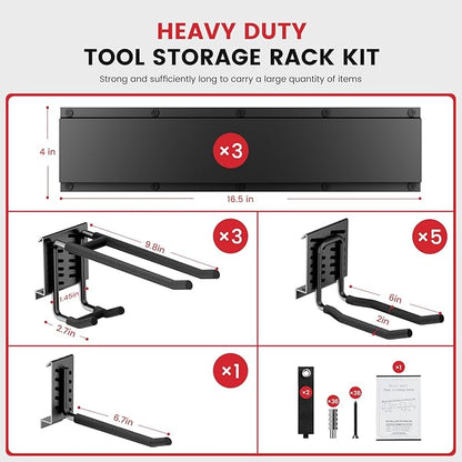 49.5" Heavy Duty Wall Mounted Garage Tool Organizer – 3 Panels & 9 Adjustable Hooks, 690 lbs Load Capacity, Modular Storage for Efficient Tool Organization, Easy Install in Garage, Garden, 14 Pack