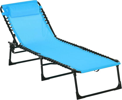Outdoor Lounge Chair, Tanning Chair with Sunshade Roof, Adjustable Backrest Folding Chaise Lounge with Pillow Headrest for Outside, Beach, Camping, Hiking (No Sunshade Roof, Blue)