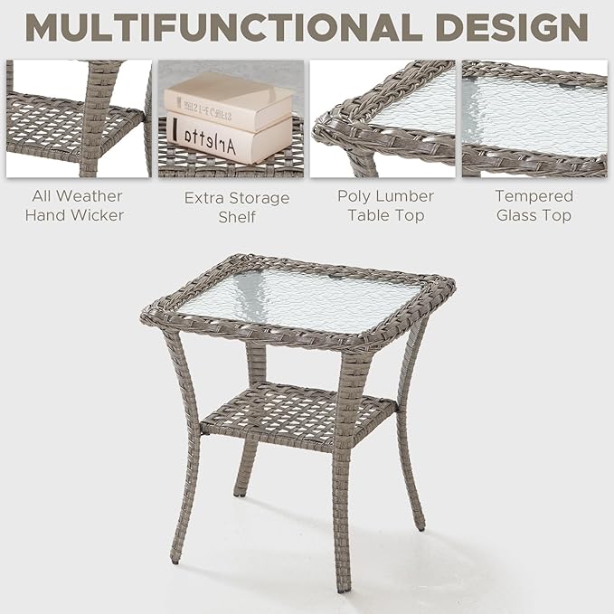 HUMMUH Patio Side Table Outdoor PE Wicker,Rattan End Table Glass Top Coffee Table with Storage Grey