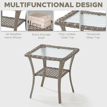 HUMMUH Patio Side Table Outdoor PE Wicker,Rattan End Table Glass Top Coffee Table with Storage Grey