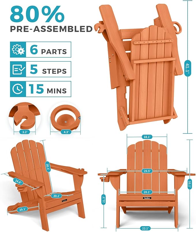 Adirondack Chair, HDPE Material Fire Pit Chairs, Plastic Adirondack Chairs with 2 Cup Holder, Outdoor Lawn Chair for Patio Garden, Orange