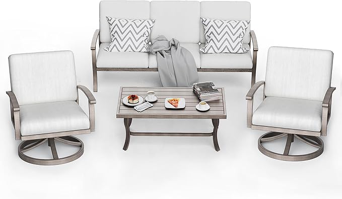 HAPPATIO 4 Piece Aluminum Patio Furniture Set, 5-Person Outdoor Swivel Chairs and 3-Seat Sofa, All-Weather Outdoor Sectional Sofa with Comfortable Cushions and Coffee Table(Gray)