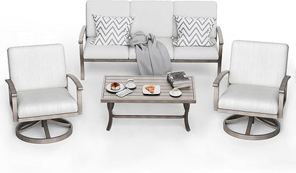 HAPPATIO 4 Piece Aluminum Patio Furniture Set, 5-Person Outdoor Swivel Chairs and 3-Seat Sofa, All-Weather Outdoor Sectional Sofa with Comfortable Cushions and Coffee Table(Gray)