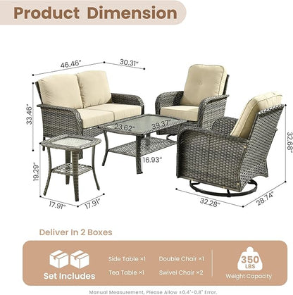 HOOOWOOO Patio Furniture Set,5 Pieces Outdoor Conversation Set,All Weather Wicker Loveseat Sofa Set with High Back Swivel Rocking Chairs Tables,Beige